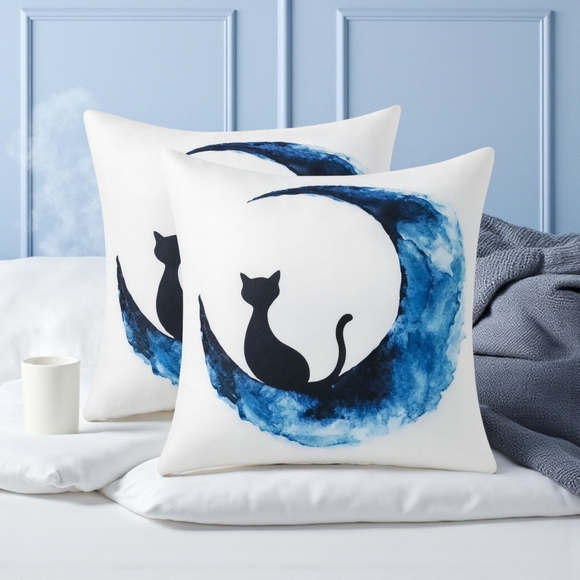 🆕️ Whimsical Black Cat Moon Cushion Covers 18"x18" Set Of 2 Zippered Polyester - Picture 1 of 12